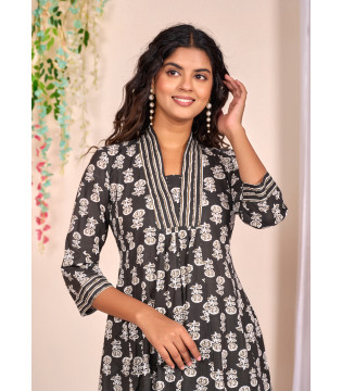 Black Block Print Kurta Set