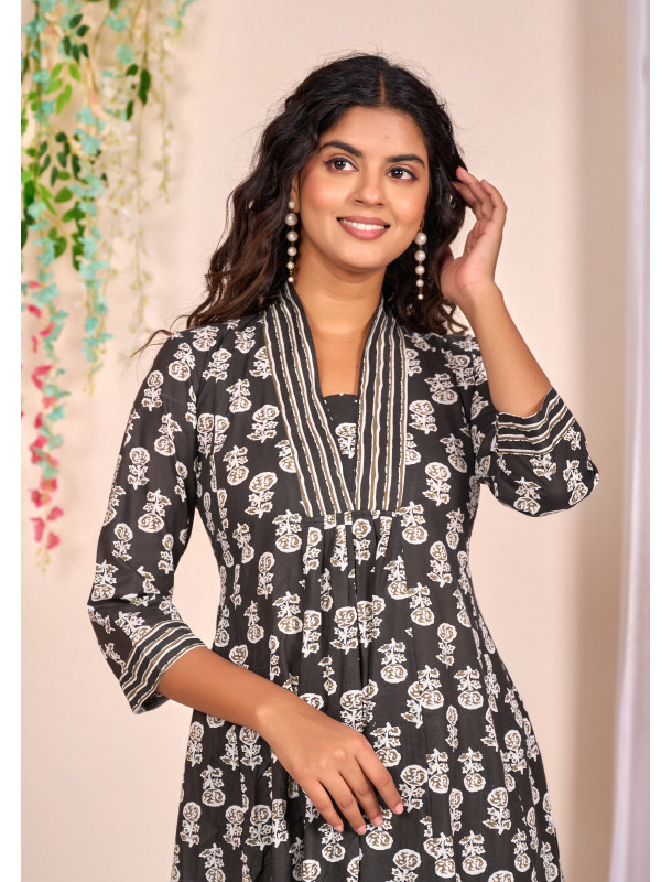 Black Block Print Kurta Set